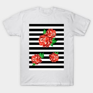 Peony Flower Black And White Stripes T-Shirt